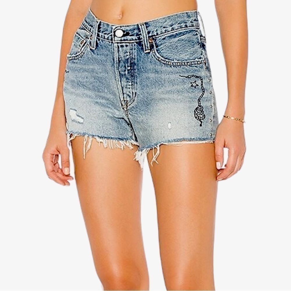 Levi’s x Revolve 501 Birthday Blues distressed denim metal studded shorts